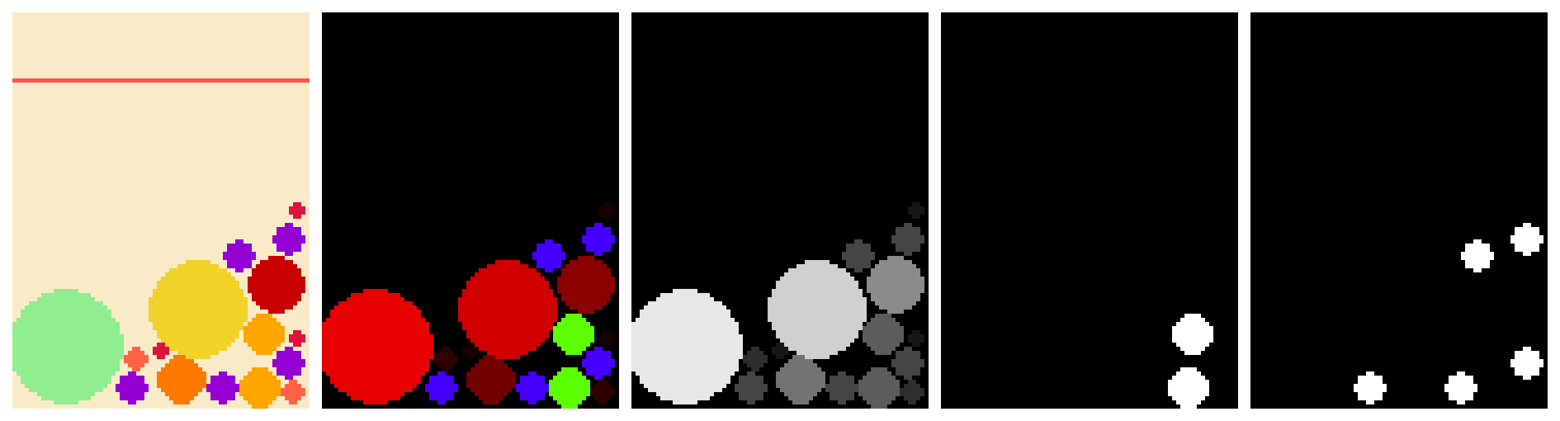 The same scene as an RGB image shrunk to 72×96, as an image with fruit information split into channels, and each of those three channels shown in grayscale